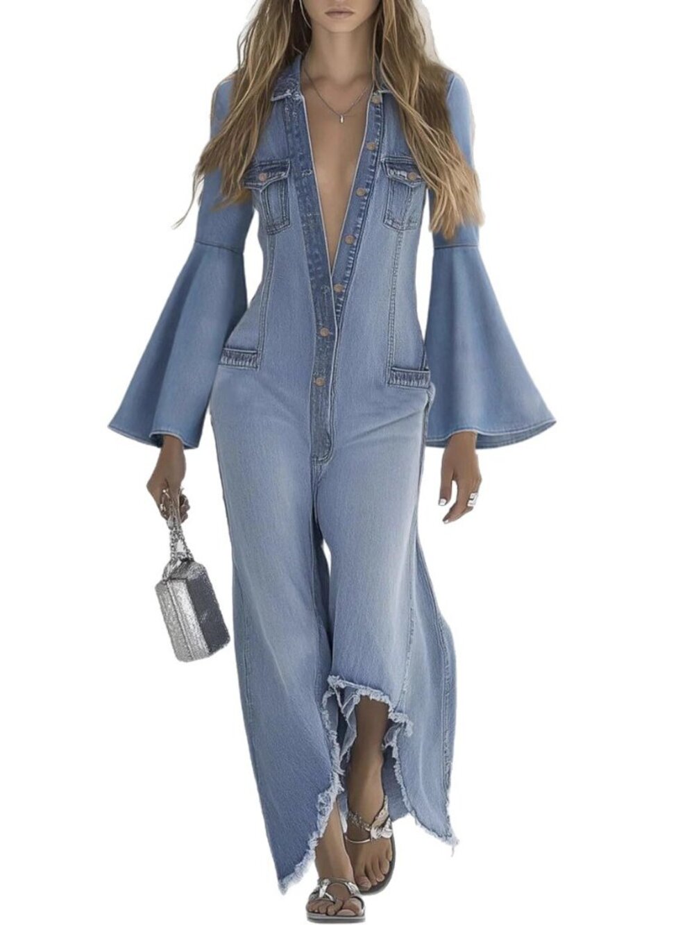 Women's Light Blue Denim-Look Jumpsuit XL – Flared Sleeve Straight Leg Romper - Picture 5 of 5